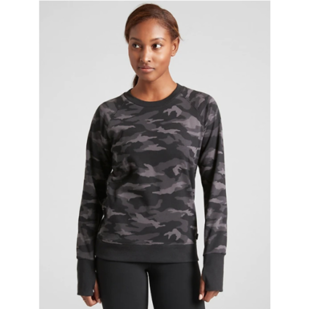 Athleta Triumph Camo Crewneck Sweatshirt Black Grey Size Small Long Sleeve Comfy